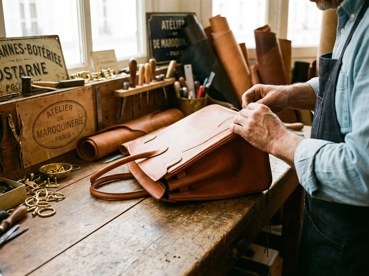 Atelier de maroquinerie Anna Morellini, artisan au travail
