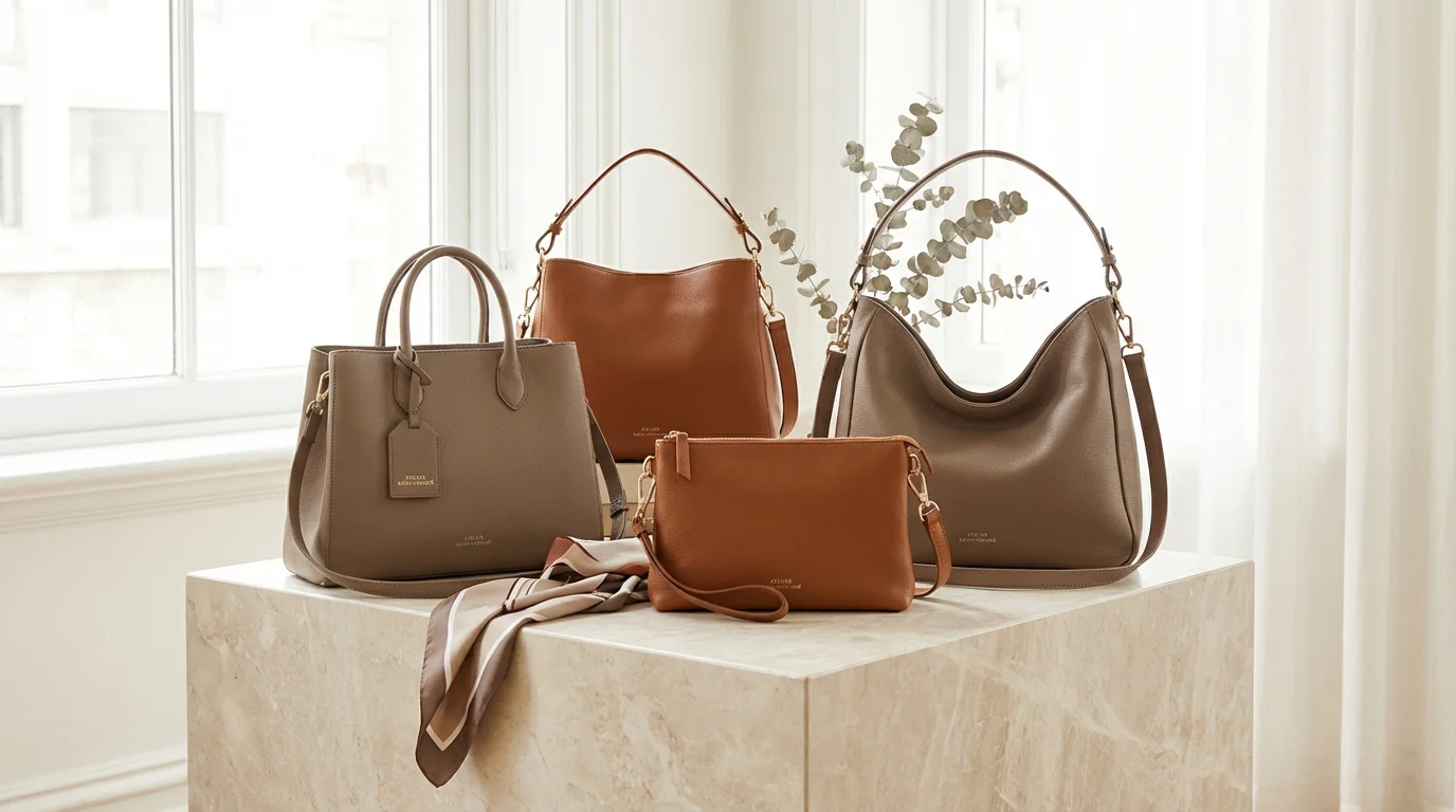 Collection de sacs en cuir Anna Morellini sur fond marbre crème